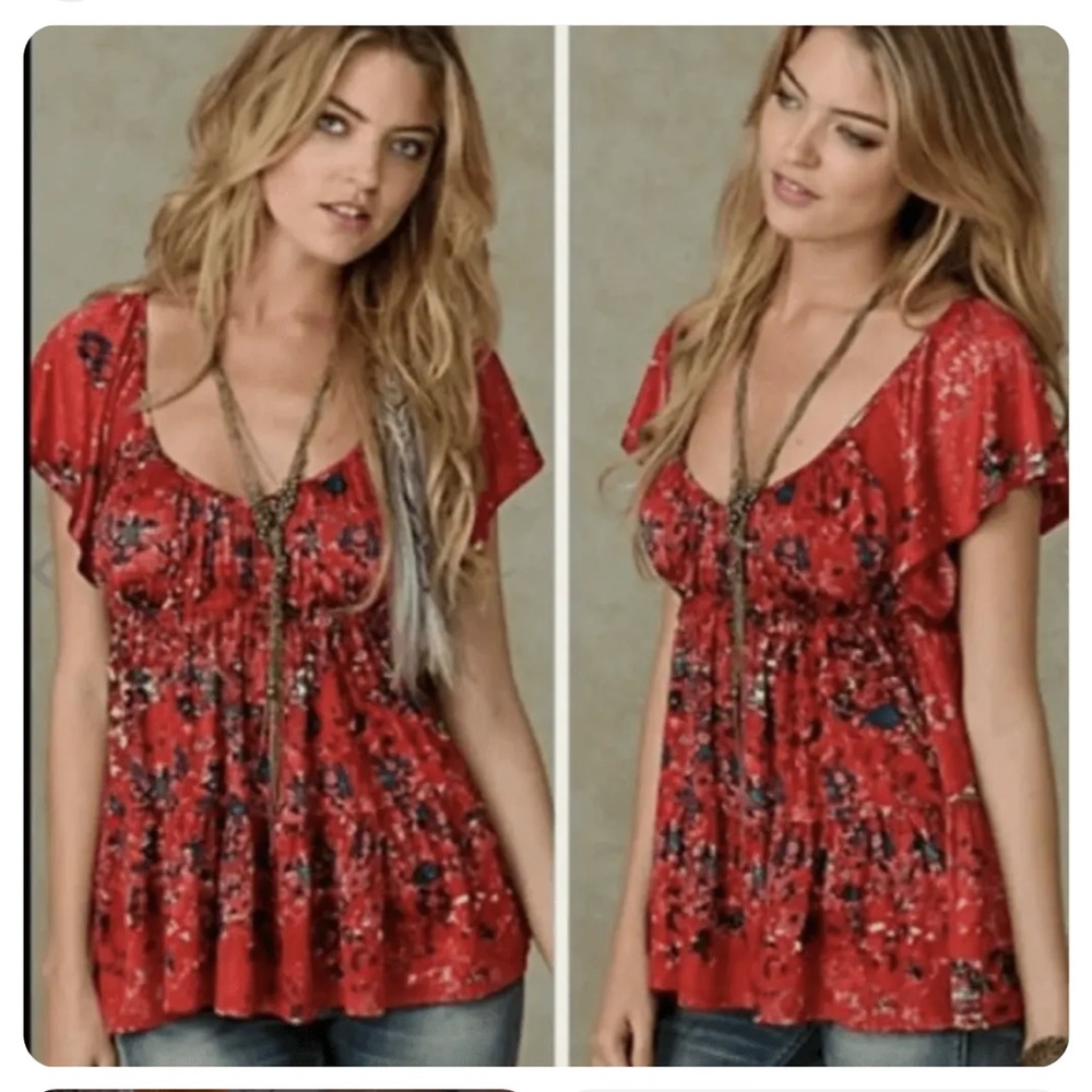Free People Red Floral Blouse